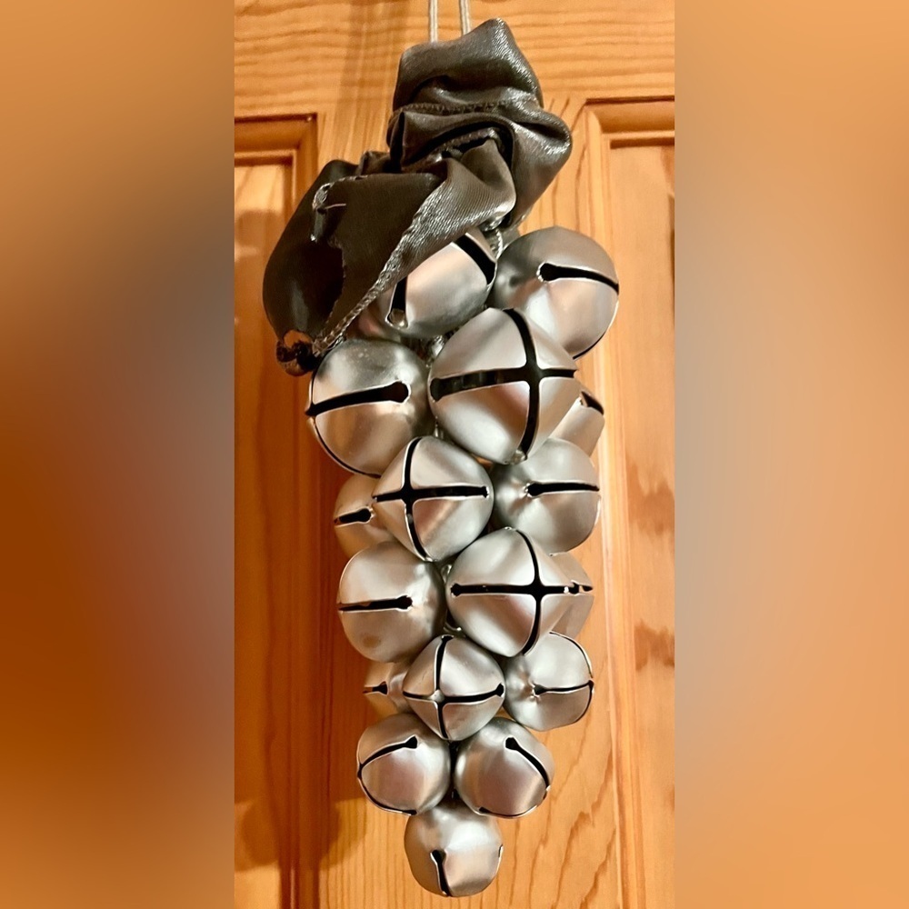 Vintage Silver Sleigh Bell Grape Cluster Door Hanger Christmas Decor Gray Bow